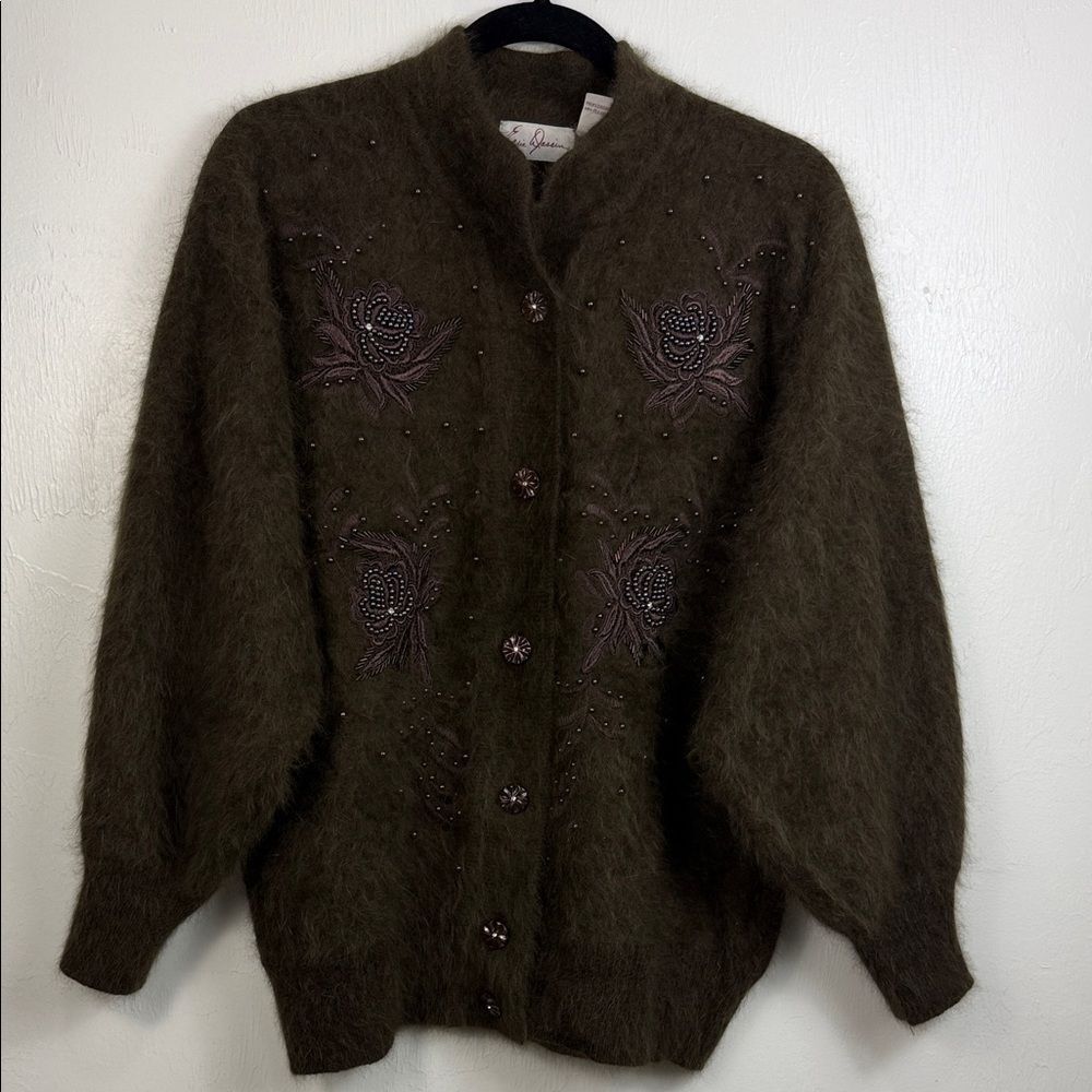 Vintage Eddie Dassin Angora Blend Cardigan Beaded Embroidered Brown Size L - Picture 2 of 9